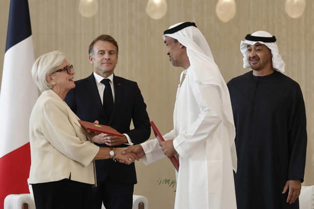 President Macron Visits United Arab Emirates Sheikh Mohamed bin Zayed Al Nahyan, President of the United Arab Emirates (UAE), French President Emmanuel Macron, French Defence and Veterans Minister Catherine Vautrin and Mohamed Bin Mubarak Fadhel Al Mazrouei, the UAE Minister of State for Defence Affairs, attend a signing ceremony for bilateral defence agreements at Zayed International Airport in Abu Dhabi, United Arab Emirates, October 20, 2026. Photo by Benoit Tessier Pool ABACAPRESS.COM Abu Dhabi United Arab Emirates  Copyright: xTessierxBenoit Pool ABACAx