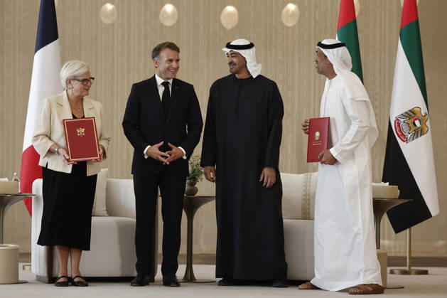 President Macron Visits United Arab Emirates Sheikh Mohamed bin Zayed Al Nahyan, President of the United Arab Emirates (UAE), French President Emmanuel Macron, French Defence and Veterans Minister Catherine Vautrin and Mohamed Bin Mubarak Fadhel Al Mazrouei, the UAE Minister of State for Defence Affairs, attend a signing ceremony for bilateral defence agreements at Zayed International Airport in Abu Dhabi, United Arab Emirates, October 20, 2026. Photo by Benoit Tessier Pool ABACAPRESS.COM Abu Dhabi United Arab Emirates  Copyright: xTessierxBenoit Pool ABACAx