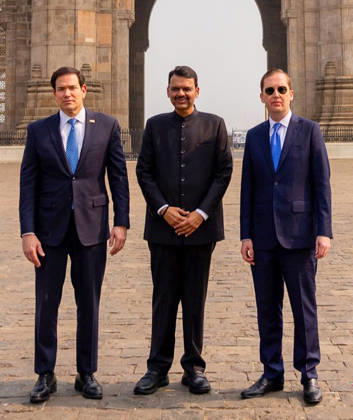 RECORD DATE NOT STATED CM Devendra Fadnavis hosts Marco Rubio and Sergio Gor at the Gateway of India Mumbai, Oct 20 (ANI): Maharashtra Chief Minister Devendra Fadnavis poses for a picture with U.S. Secretary of State Marco Rubio and U.S. Ambassador to India Sergio Gor at Gateway of India, in Mumbai on Tuesday. (@USAmbIndia X ANI Photo) Mumbai Maharashtra India Copyright: xANIx ANI_20261020192