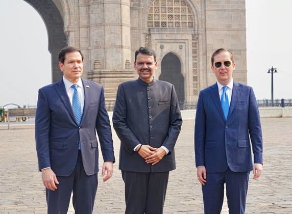 RECORD DATE NOT STATED CM Devendra Fadnavis hosts Marco Rubio and Sergio Gor at the Gateway of India Mumbai, Oct 20 (ANI): Maharashtra Chief Minister Devendra Fadnavis poses for a picture with U.S. Secretary of State Marco Rubio and U.S. Ambassador to India Sergio Gor at the Gateway of India, in Mumbai on Tuesday. (@Dev_Fadnavis X ANI Photo) Mumbai Maharashtra India Copyright: xANIx ANI_20261020281