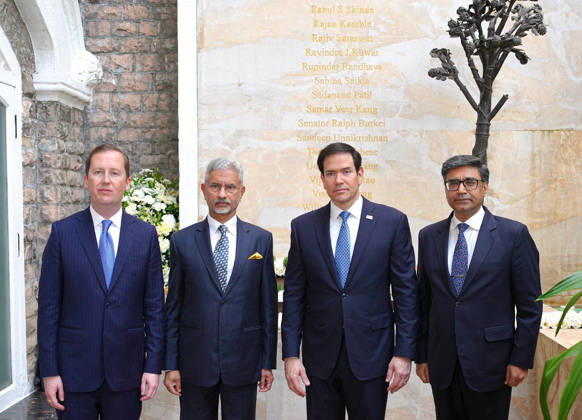 RECORD DATE NOT STATED S. Jaishankar and Marco Rubio lay wreath at the 26 11 memorial at Hotel Taj Mumbai, Oct 20 (ANI): External Affairs Minister S. Jaishankar poses for a picture with US Secretary of State, Marco Rubio, U.S. Ambassador to India Sergio Gor and Foreign Secretary Vikram Misri after laying wreath at the 26 11 memorial at Hotel Taj, in Mumbai on Tuesday. (@DrSJaishankar X ANI Photo) Mumbai Maharashtra India Copyright: xANIx ANI_20261020301