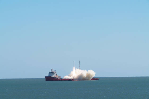 (261021) -- RIZHAO, Oct. 21, 2026 -- The CERES-1 Y8 carrier rocket carrying a new satellite blasts off from the waters near the city of Rizhao, east China s Shandong Province, Oct. 21, 2026. China launched a rocket from the ocean waters near the city of Rizhao in east China s Shandong Province on Wednesday, placing a new satellite into planned orbit. The CERES-1 Y8 carrier rocket blasted off at 11:39 a.m. (Beijing Time). The Taiyuan Satellite Launch Center carried out this offshore launch. (Photo by Xinhua) (EyesOnSci) CHINA-SHANDONG-RIZHAO-SATELLITE-LAUNCH (CN) WangxYan 