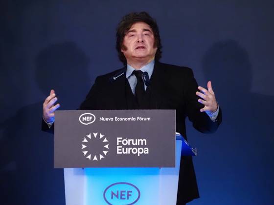 October 21, 2026, Madrid, Madrid, Spain: MADRID, SPAIN - October 21: The President of Argentina, Javier Milei, participates at the Real Casino Gran Circulo in the Nueva Economia Forum breakfast, part of Forum Europa. Madrid Spain - ZUMAh199 20261021_zip_h199_016 Copyright: xAaronxHerediax