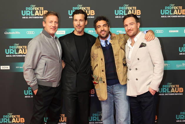 Wotan Wilke Moehring, Florian David Fitz, Elyas M Barek and Frederick Lau during the premiere of Der perfekte Urlaub at Cinedom on October 21, 2026 in Cologne, Germany The premiere of Der perfekte Urlaub in Cologne, Germany