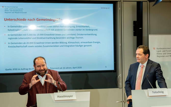 2026-10-22-Präsentation im BMLUK Geschäftsführer Haselmayer (IFDD) und Bundesminister für Land- und Forstwirtschaft, Klima- und Umweltschutz, Regionen und Wasserwirtschaft Norbert Totschnig (ÖVP) am 22. Oktober 2026 bei der Präsentation einer Studie zu Lebensqualität in Gemeinden und Perspektiven für lebendige Regionen im Bundesministerium für Land- und Forstwirtschaft, Klima- und Umweltschutz, Regionen und Wasserwirtschaft in Wien, Wien, Österreich .