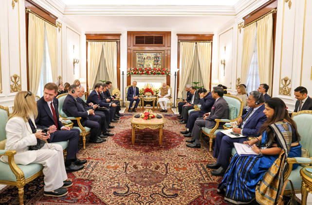 RECORD DATE NOT STATED India-Poland Bilateral Meeting at Hyderabad House New Delhi, Oct 22 (ANI): Prime Minister Narendra Modi and his Polish counterpart, Donald Tusk, in a delegation-level meeting at Hyderabad House, in New Delhi on Thursday. External Affairs Minister S. Jaishankar, NSA Ajit Doval, and Foreign Secretary Vikram Misri present. (Narendra Modi Photo Gallery ANI Photo) New Delhi Delhi India Copyright: xANIx ANI_20261022142