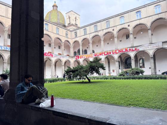 October 22, 2026, Naples, Italy: NAPLES, ITALY OCTOBER 22, 2026: Students of the Collettivo autorganizzato universitario (CAU, the Self-Organised University Collective), together with Ecologia Politica Napoli (Ecopol), are occupying the Porta di Massa site of the University of Naples Federico II, which they took over on October 21. Francesco, a spokesperson for the collective, said: We are occupying our site against high rents, against the cost of living and for a right to study that is truly possible for everyone. A banner at the entrance presents the occupation as a step towards the October 30 general strike. The occupation came as the university announced that, from October 22 and until further notice, ordinary teaching would mov - ZUMAq101 20261022_zna_q101_100 Copyright: xAlessiaxCoccax