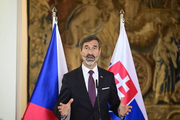 The press conference after meeting of Czech Foreign Affair Minister Petr Macinka, not seen, and his Slovak counterpart Juraj Blanar, pictured, on preparations for joint session of the two governments and further development of Czech-Slovak relations, in Prague, Czech Republic, on October 23, 2026. (CTKxPhoto RomanxVondrous) CTKPhotoP2026102304333  CTKPhotoP2026102304333