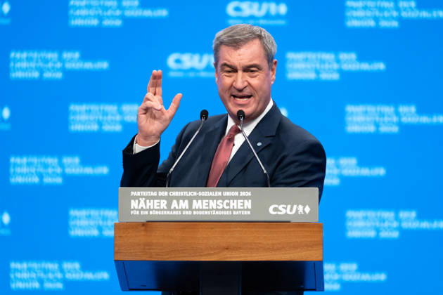 Parteitag 2026 der Partei CSU (Christlich-Soziale-Union) in der Messe München. Ministerpräsident Dr. Markus Söder hält eine Rede auf der Bühne
