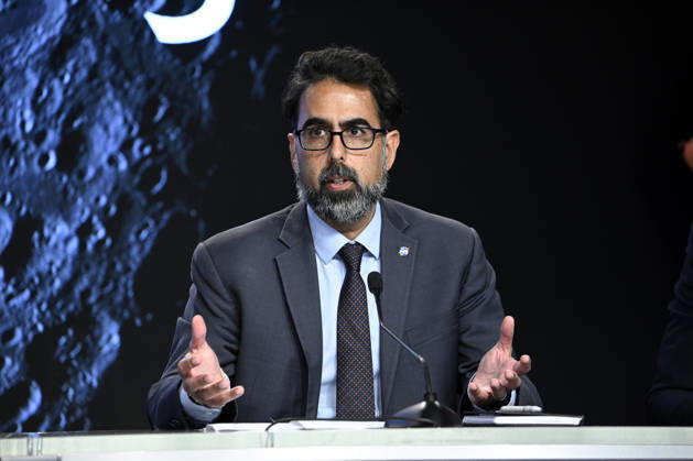 NASA Associate Administrator Amit Kshatriya speaks during a press conference at the Kennedy Space Center on Friday October 23, 2026. NASA is providing an update on the acceleration of the Artemis Program as they continue to prepare for returning crewed missions to the moon.  KSP202610230009 JOExMARINO