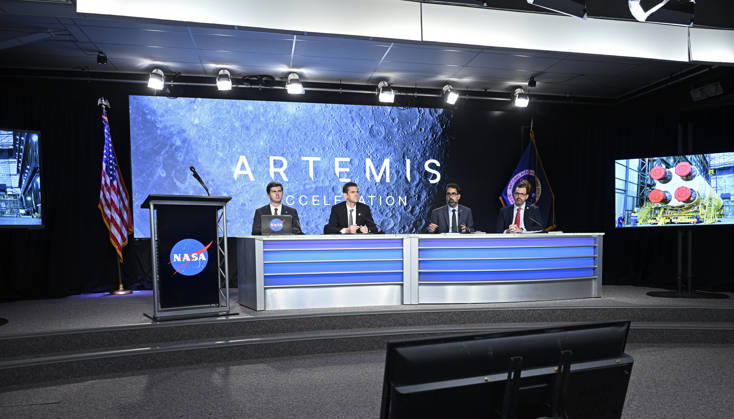 NASA Deputy Press Secretary George Alderman, NASA Administrator Jared Isaacman, NASA Associate Administrator Amit Kshatriya and NASA Artemis Program Manager Jeremy Parsons participate in a press briefing at the Kennedy Space Center on Friday October 23, 2026. NASA is providing an update on the acceleration of the Artemis Program as they continue to prepare for returning crewed missions to the moon.  KSP202610230010 JOExMARINO