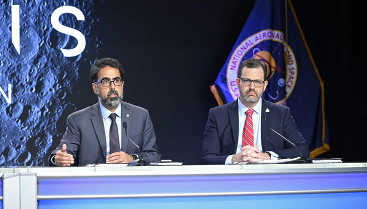 NASA Associate Administrator Amit Kshatriya and NASA Artemis Program Manager Jeremy Parsons participate in a press briefing at the Kennedy Space Center on Friday October 23, 2026. NASA is providing an update on the acceleration of the Artemis Program as they continue to prepare for returning crewed missions to the moon.  KSP202610230011 JOExMARINO