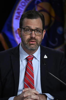 NASA Artemis Program Manager Jeremy Parsons speaks during a press conference at the Kennedy Space Center on Friday October 23, 2026. NASA is providing an update on the acceleration of the Artemis Program as they continue to prepare for returning crewed missions to the moon.  KSP202610230013 JOExMARINO