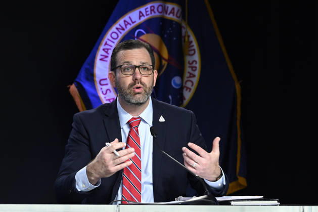 NASA Artemis Program Manager Jeremy Parsons responds to a question from the media during a press briefing at the Kennedy Space Center on Friday October 23, 2026. NASA is providing an update on the acceleration of the Artemis Program as they continue to prepare for returning crewed missions to the moon.  KSP202610230019 JOExMARINO