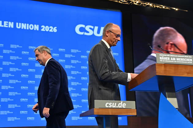 Bundeskanzler Friedrich MERZ und Markus SOEDER (Ministerpraesident Bayern und CSU Vorsitzender) auf dem Podium. CSU Parteitag 2026 am 23.und 24.10..2026 MESSE MUENCHEN