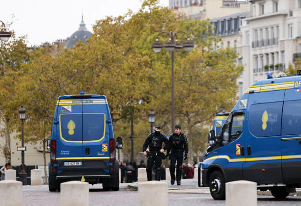 (261024) -- PARIS, Oct. 24, 2026 -- Security personnel are seen near the Arc de Triomphe in Paris, France, Oct. 24, 2026. French Interior Minister Laurent Nunez said Tuesday that the government would deploy soldiers from the French army s Operation Sentinelle to help prevent violence during the demonstrations announced for Oct. 24. ) FRANCE-PARIS-PROTEST-SECURITY WuxHuiwo 