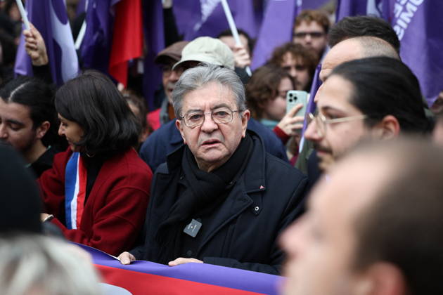 Politics at Yellow Vests Protest Act II - Paris French leftist party La France Insoumise (LFI) candidate in France s 2027 Presidential election Jean-Luc Melenchon during a demonstration in favor of purchasing power, the protection of public services, and fiscal and social justice, in Paris on October 24, 2026 as part of a nationwide call for mobilisation bringing together former members of the Yellow Vest movement, labor unions, high school and university students. Photo by Raphael Lafargue ABACAPRESS.COM Paris France  Copyright: xLafarguexRaphael ABACAx