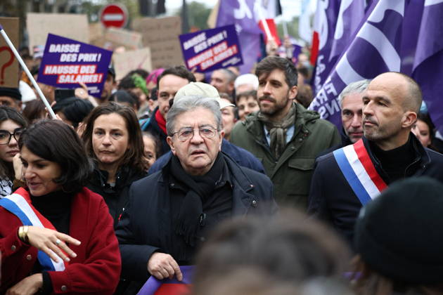 Politics at Yellow Vests Protest Act II - Paris French leftist party La France Insoumise (LFI) candidate in France s 2027 Presidential election Jean-Luc Melenchon and French leftist party La France Insoumise (LFI) group MP Manuel Bompard during a demonstration in favor of purchasing power, the protection of public services, and fiscal and social justice, in Paris on October 24, 2026 as part of a nationwide call for mobilisation bringing together former members of the Yellow Vest movement, labor unions, high school and university students. Photo by Raphael Lafargue ABACAPRESS.COM Paris France  Copyright: xLafarguexRaphael ABACAx
