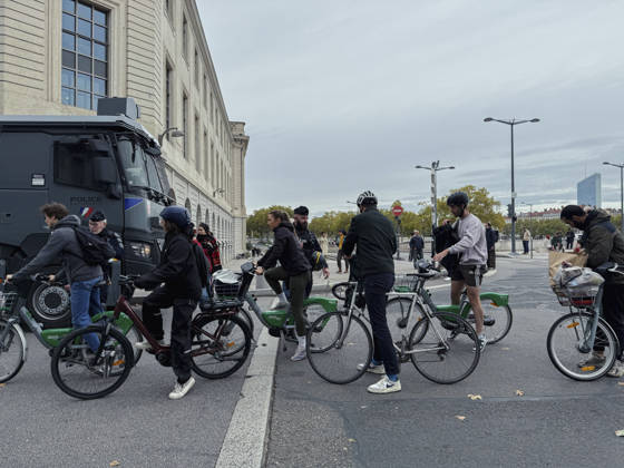 Lyon France Anti-Government Protest Cyclists are questioned by police officers beside a police vehicle in Lyon, France, on October 24, 2026. Police maintained a presence in Lyon as authorities restricted gatherings in parts of the city following unrest during demonstrations the previous weekend. Lyon Rhone Alpes France Copyright: xAbolfazlxSalmanzadehx