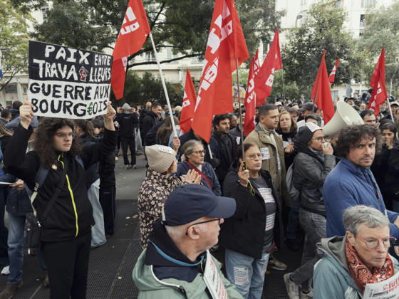 Lyon France Anti-Government Protest Demonstrators carry red union flags during a street protest in Lyon, France, on October 24, 2026. The demonstration took place amid renewed protests over living costs, wages and public services, while authorities restricted gatherings in parts of central Lyon following unrest during demonstrations the previous weekend. Lyon Rhone Alpes France Copyright: xAbolfazlxSalmanzadehx
