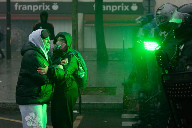 Yellow Vests Protest Act II - Paris RL Protesters cries in front of Brav M police forces with Strobe shield at the porte de Vincennes at the end of a demonstration in favor of purchasing power, the protection of public services, and fiscal and social justice, in Paris on October 24, 2026 as part of a nationwide call for mobilisation and protest bringing together former members of the Yellow Vest movement, labor unions, high school and university students. Photo by Raphael Lafargue ABACAPRESS.COM Paris France  Copyright: xLafarguexRaphael ABACAx