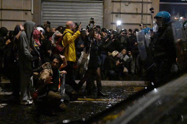 Demonstration against the government in Rome ROME, ITALY - OCTOBER 24: Police officers and water cannon vehicles block a road as anti-government protesters attempt to march toward the prime minister s office, on October 24, 2026 in Rome, Italy. Demonstrators taking part in the protest came face to face with security forces as police prevented them from advancing. Baris Seckin Anadolu Rome Italy. Editorial use only. Please get in touch for any other usage.  Copyright: x2026xAnadoluxBarisxSeckinx