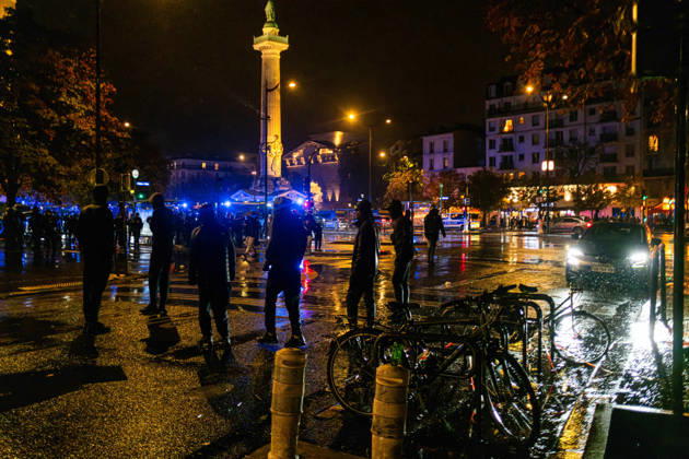 Yellow Vests Protest Act II - Paris Police officers move into Place de la Nation following the demonstration in Paris, France, on October 24, 2026, forcing groups of people to leave the square in pouring rain. Photo by Jules Bernard ABACAPRESS.COM Photo by Jules Bernard ABACAPRESS.COM Paris Île-de-France France  Copyright: xBernardxJules ABACAx
