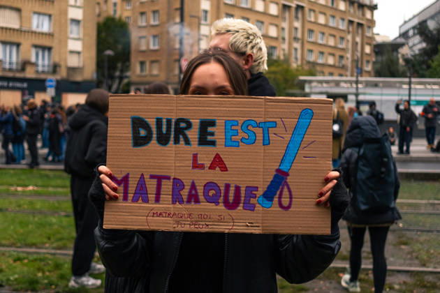 Yellow Vests Protest Act II - Paris Demonstrators carry placards displaying political messages during a march against the rising cost of living and for social justice in Paris, France, on October 24, 2026. The protest follows the boulevards des Maréchaux from Porte d’Italie to Porte de Vincennes, with calls for higher wages and better funding for public services and education. Photo by Jules Bernard ABACAPRESS.COM Paris Île-de-France France  Copyright: xBernardxJules ABACAx