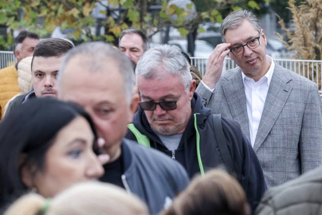 SERBIA, BELGRADE - OCTOBER 25, 2026: Former Serbian president Aleksandar Vucic (R) queues at a polling station during the 2026 Serbian parliamentary election. On 25 October, the Serbs went to the polls to elect members of the country s unicameral parliament, Narodna Skupshtina. Alexander Ryumin TASS  99928905