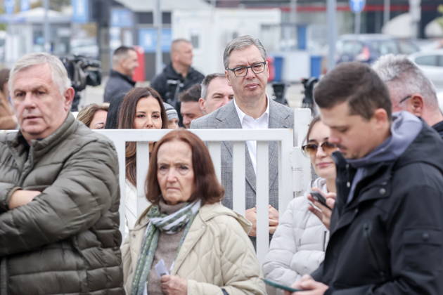 SERBIA, BELGRADE - OCTOBER 25, 2026: Former Serbian president Aleksandar Vucic with wife Tamara (C midground) queues at a polling station during the 2026 Serbian parliamentary election. On 25 October, the Serbs went to the polls to elect members of the country s unicameral parliament, Narodna Skupshtina. Alexander Ryumin TASS  99928907