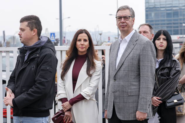 SERBIA, BELGRADE - OCTOBER 25, 2026: Former Serbian president Aleksandar Vucic with wife Tamara (C) queues at a polling station during the 2026 Serbian parliamentary election. On 25 October, the Serbs went to the polls to elect members of the country s unicameral parliament, Narodna Skupshtina. Alexander Ryumin TASS  99928910