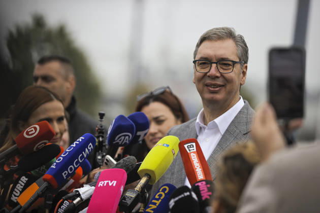 Serbia begins voting in snap parliamentary elections BELGRADE, SERBIA - OCTOBER 25: Aleksandar Vucic, prime ministerial candidate for the Aleksandar Vucic-United Serbia list, speaks to journalists after casting his vote at a polling station during early parliamentary elections in Belgrade, Serbia, on October 25, 2026. Samir Jordamovic Anadolu Belgrade Serbia. Editorial use only. Please get in touch for any other usage.  Copyright: x2026xAnadoluxSamirxJordamovicx