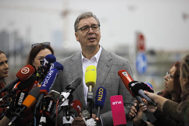 Serbia begins voting in snap parliamentary elections BELGRADE, SERBIA - OCTOBER 25: Aleksandar Vucic, prime ministerial candidate for the Aleksandar Vucic-United Serbia list, speaks to journalists after casting his vote at a polling station during early parliamentary elections in Belgrade, Serbia, on October 25, 2026. Samir Jordamovic Anadolu Belgrade Serbia. Editorial use only. Please get in touch for any other usage.  Copyright: x2026xAnadoluxSamirxJordamovicx