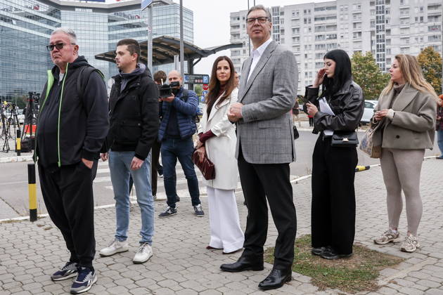 SERBIA, BELGRADE - OCTOBER 25, 2026: Former Serbian president Aleksandar Vucic with wife Tamara (C) queues at a polling station during the 2026 Serbian parliamentary election. On 25 October, the Serbs went to the polls to elect members of the country s unicameral parliament, Narodna Skupshtina. Alexander Ryumin TASS  99934628